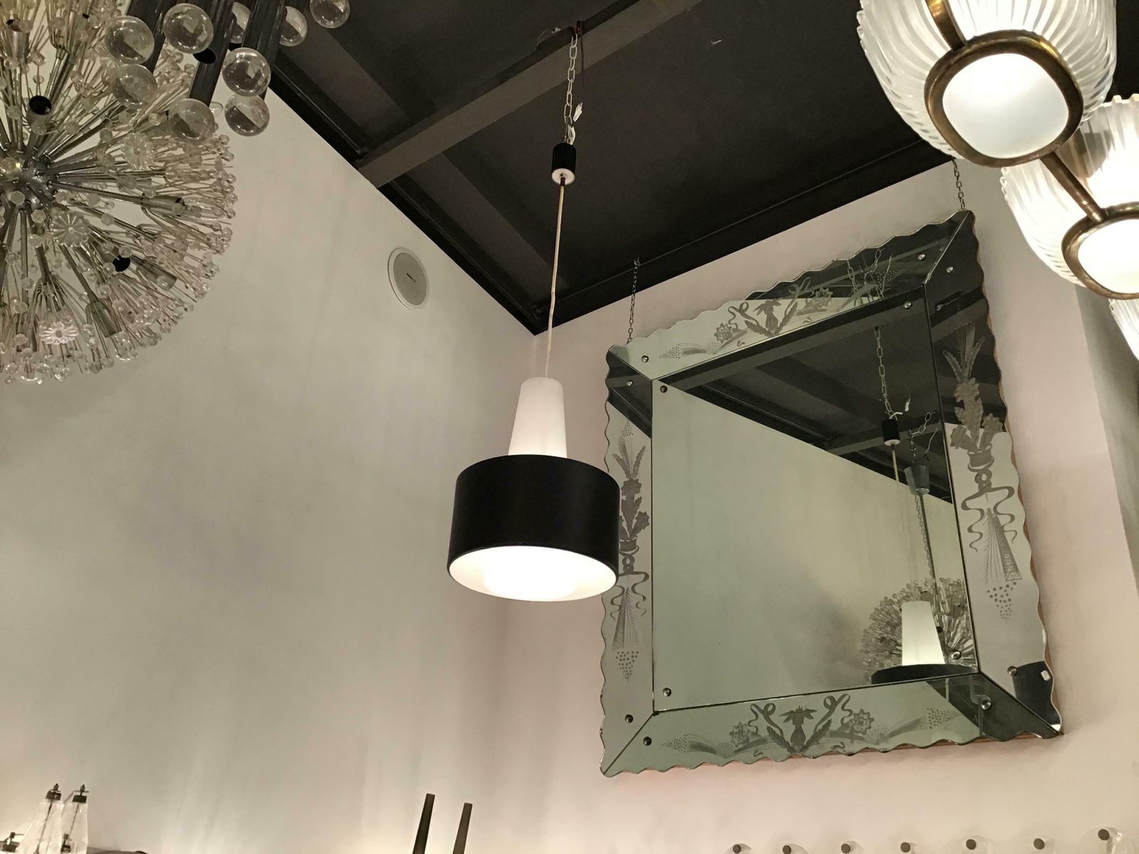 photo furniture Stilnovo Chandelier Brass Opaline Glass Metal, 1950, Italy