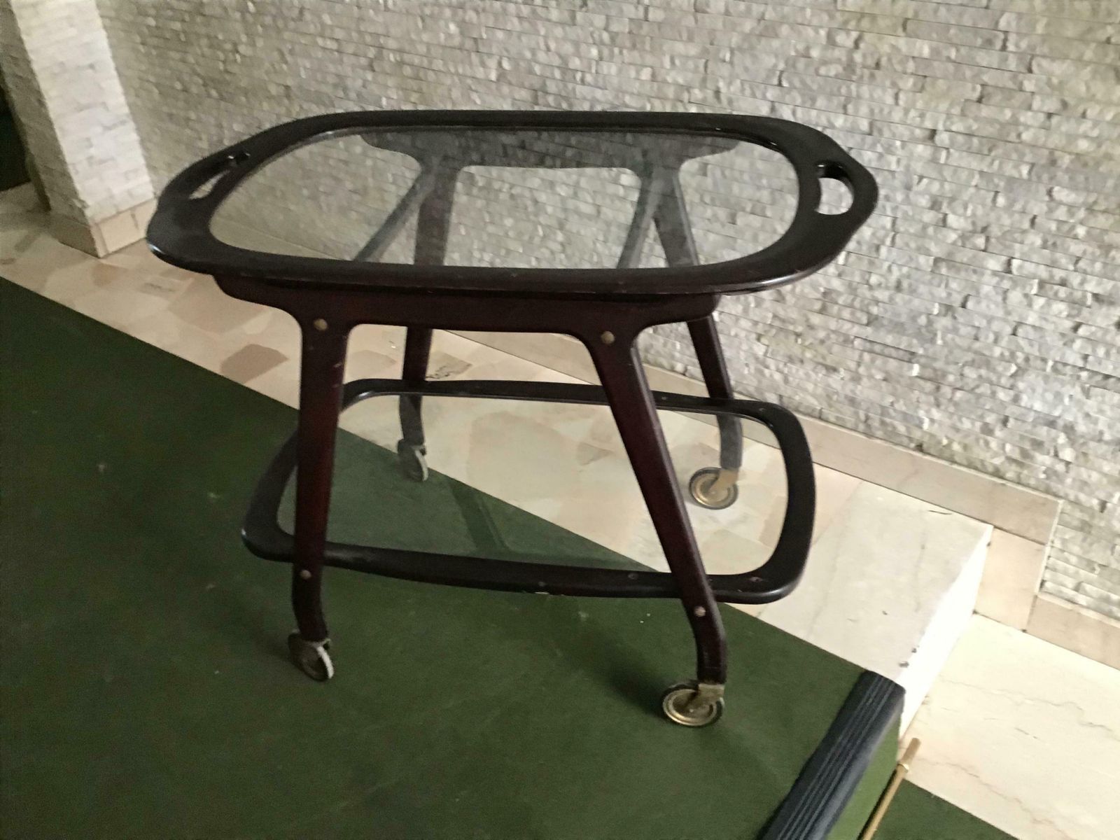 Cesare Lacca Bar Trolley With Movable Tray Wood Brass, 1950, Italy photo vintage