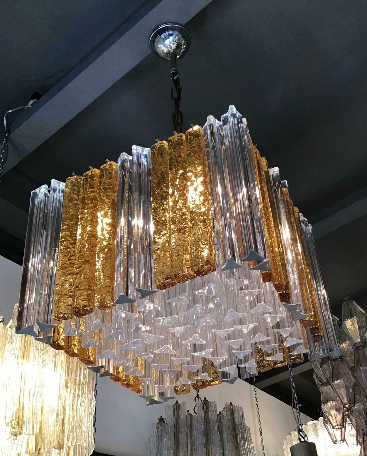 Venini Triedri Chandelier Murano Glass Iron 1960 Italy photo vintage