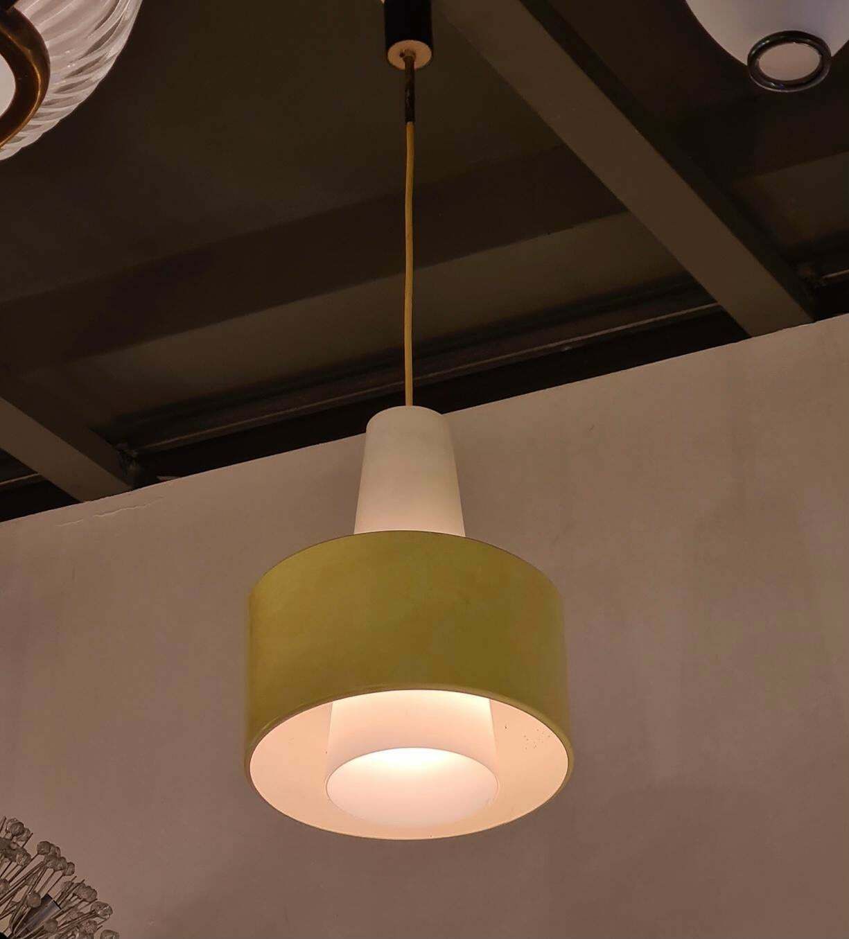 Stilnovo Chandelier Brass Opaline Glass Metal 1950 Italy photo 2531.0