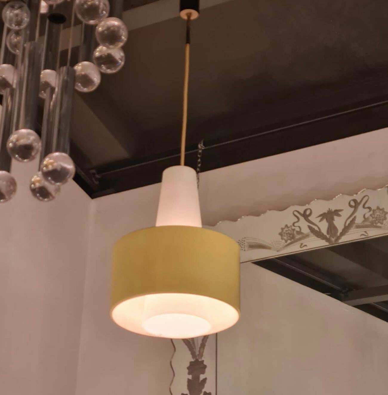 2531.0 Stilnovo Chandelier Brass Opaline Glass Metal 1950 Italy photo