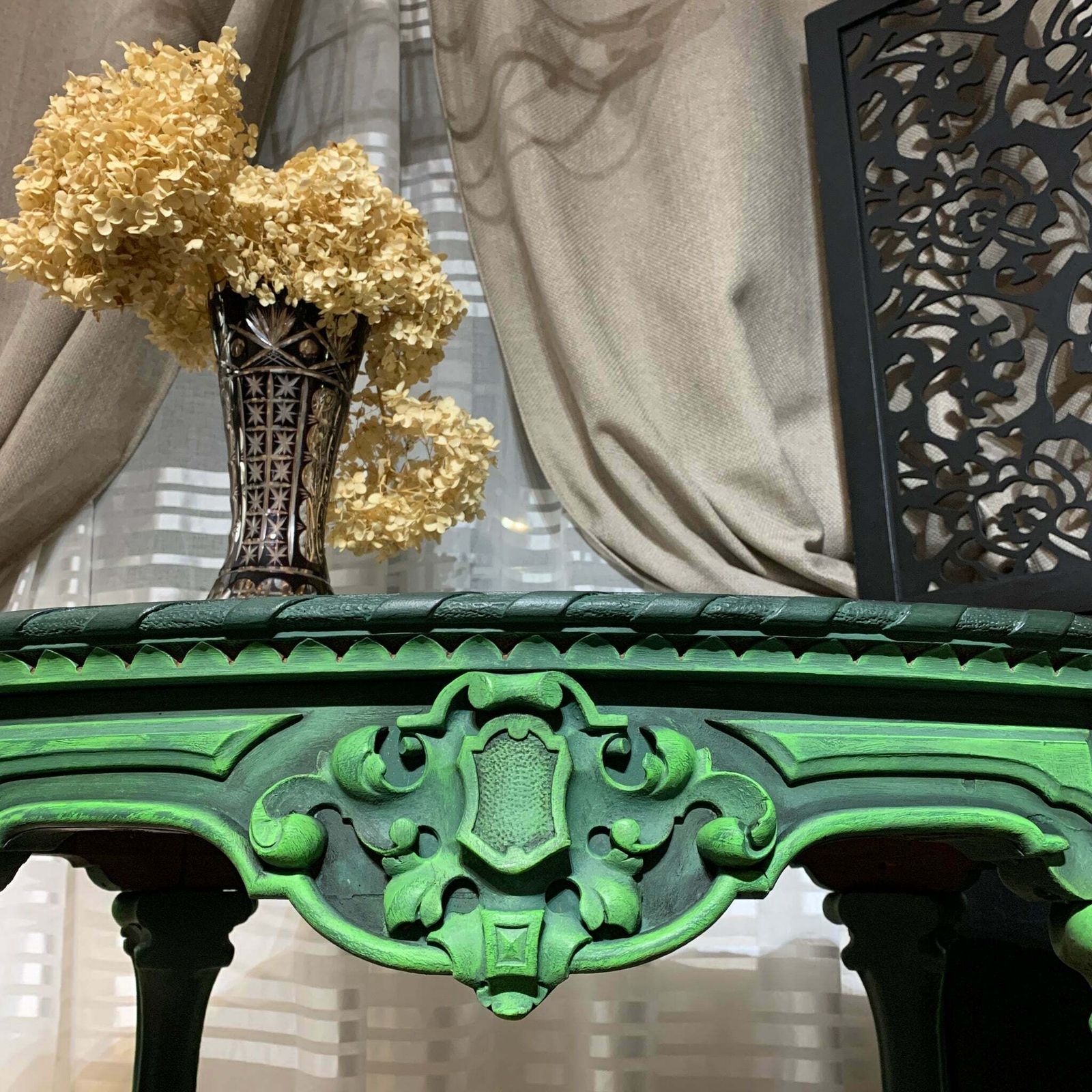Painted French Antique Table Oval Ornate Carvings Green And Black Colours photo Furniture