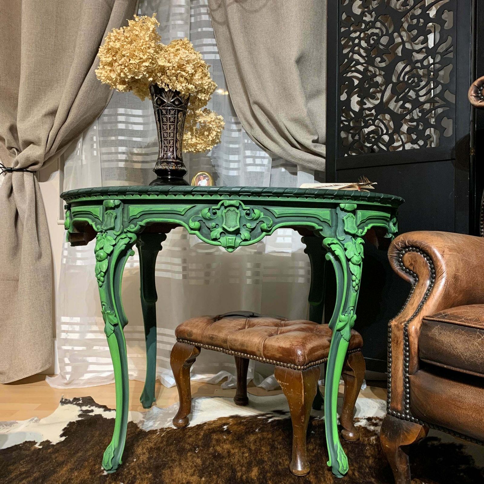Furniture Painted French Antique Table Oval Ornate Carvings Green And Black Colours photo