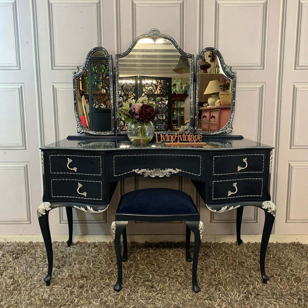 Olympus Dressing Table Navy Blue & Silver Dressing Table With Stool And  Mirror French Style Dressing Table | Vinterior
