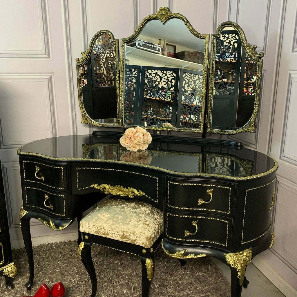 Black Gloss Dressing Table French Style Olympus Dressing Table Black & Gold Gloss Furniture photo vinterior