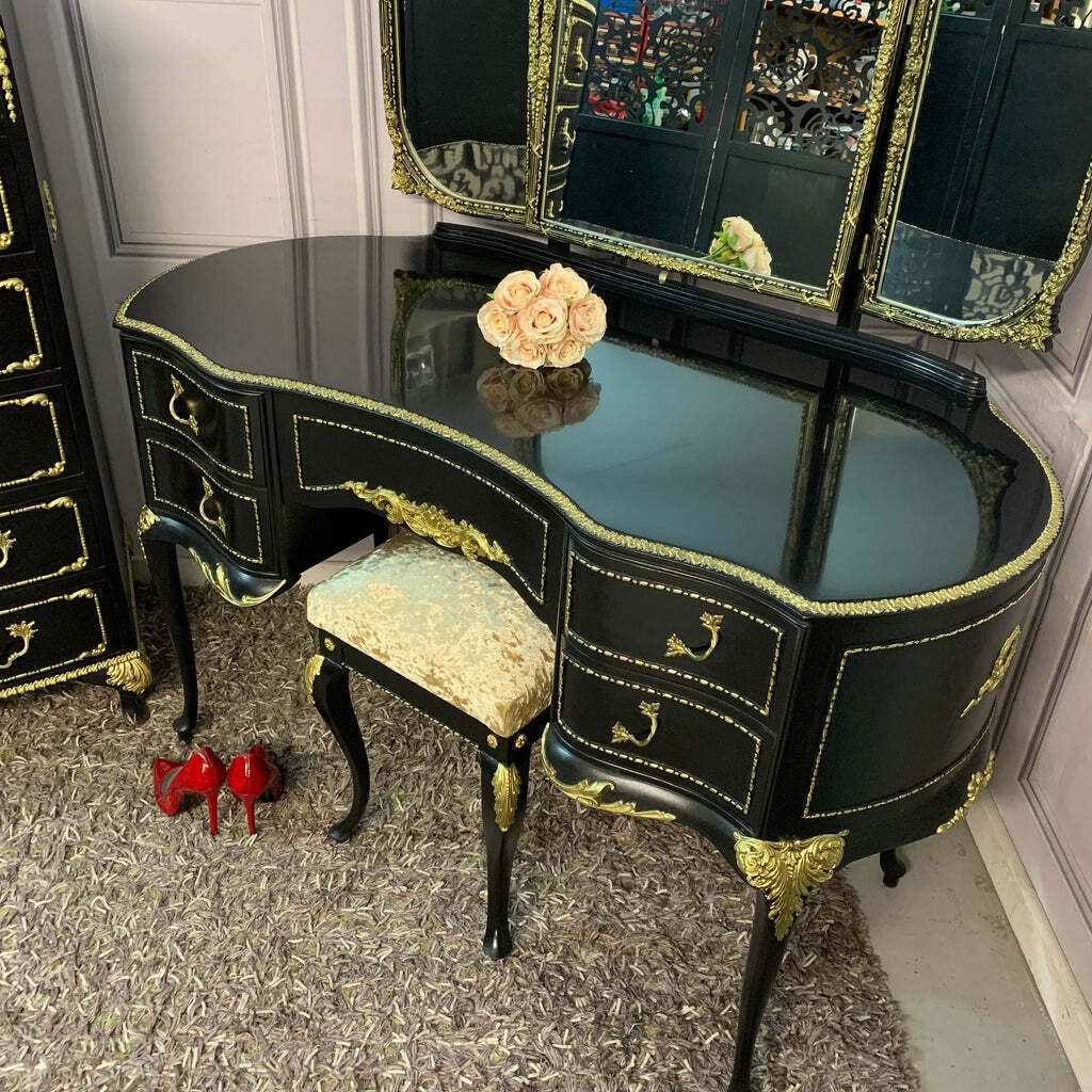 photo furniture Black Gloss Dressing Table French Style Olympus Dressing Table Black & Gold Gloss Furniture