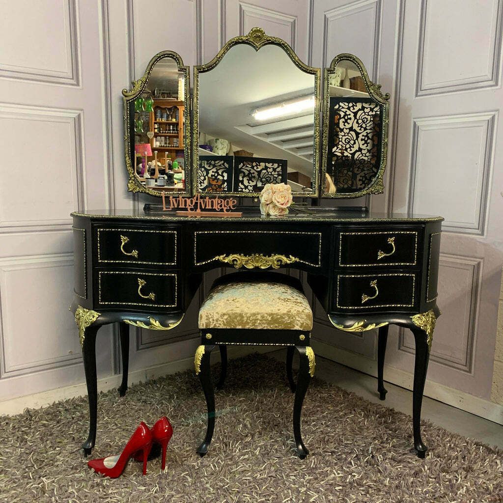 photo for sale Black Gloss Dressing Table French Style Olympus Dressing Table Black & Gold Gloss Furniture