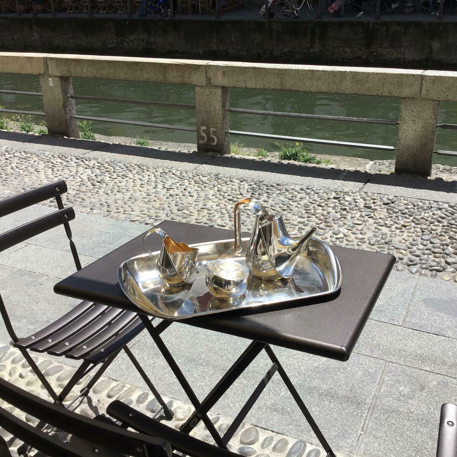 Alessi Silver Wet Steel Tea Set Oronda “Oscar Tusquets” Silver Wood Glass, 1983 photo furniture