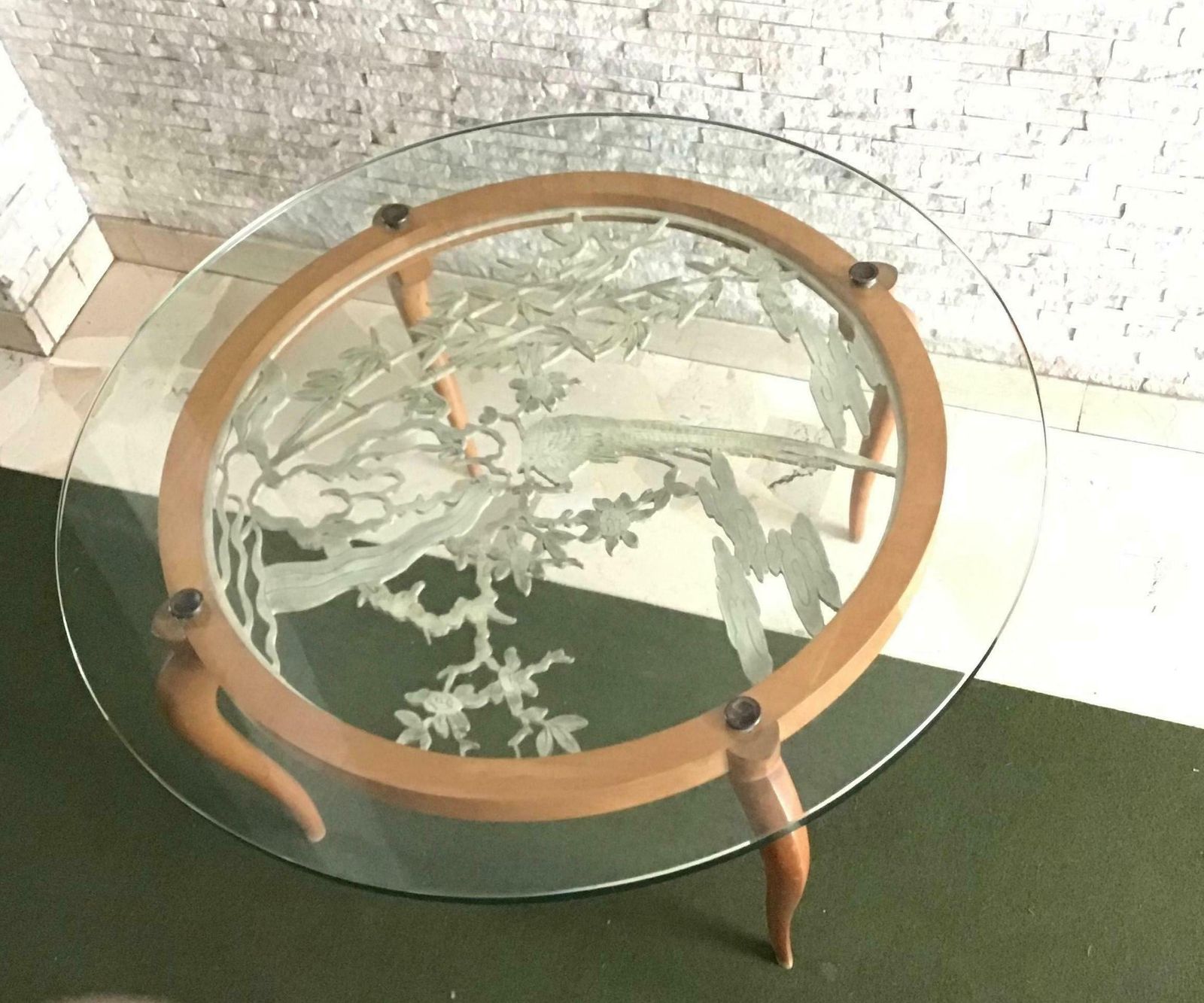 photo for sale Luigi Brusotti Coffee Table Cristal Wood Brass, 1940, Italy