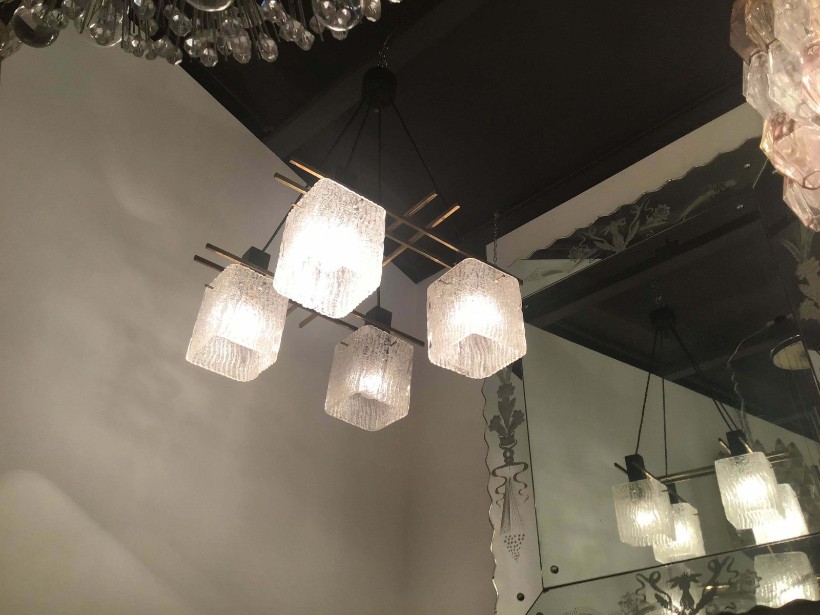 Stilnovo Style Chandelier 1955 Brass Metal Iron Murano Glass, Italy photo furniture