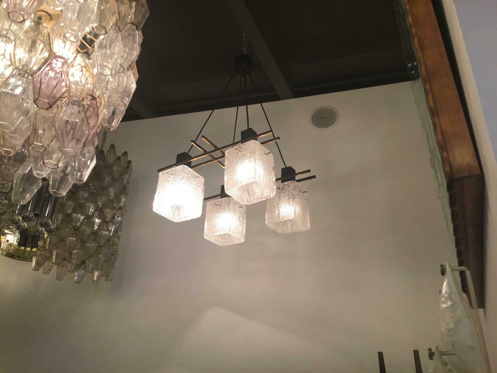 Stilnovo Style Chandelier 1955 Brass Metal Iron Murano Glass, Italy photo buy
