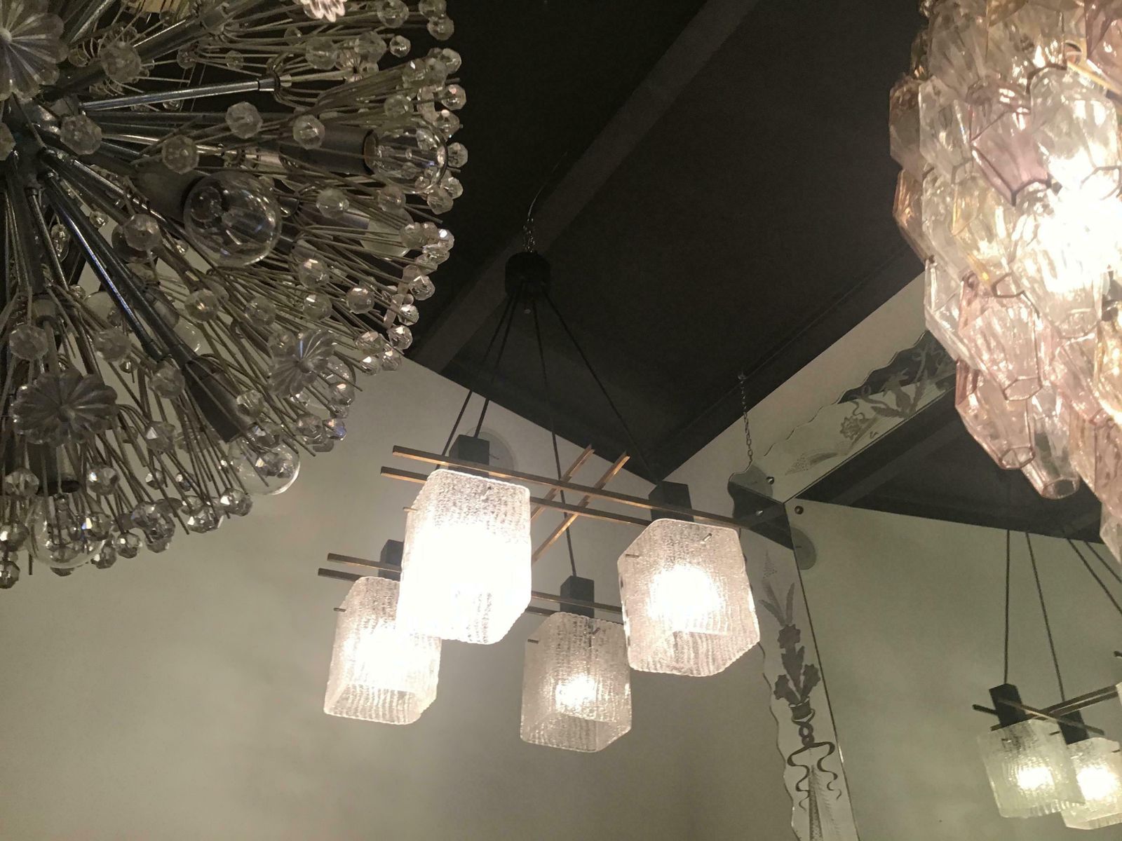 photo furniture Stilnovo Style Chandelier 1955 Brass Metal Iron Murano Glass, Italy