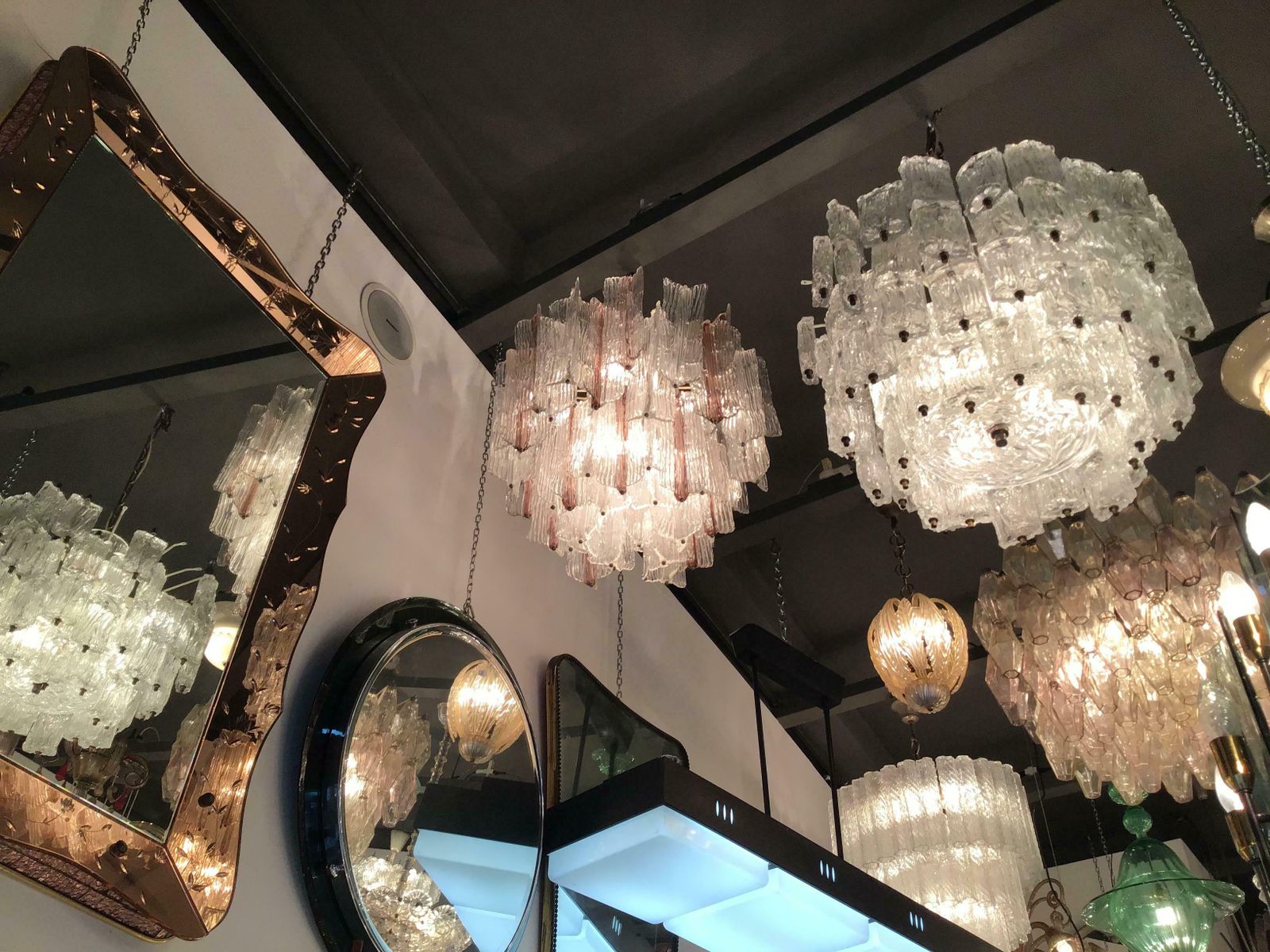 photo for sale Venini “Toni Zuccheri” Chandelier Murano Glass Metal Crome Iron 1950 Italy