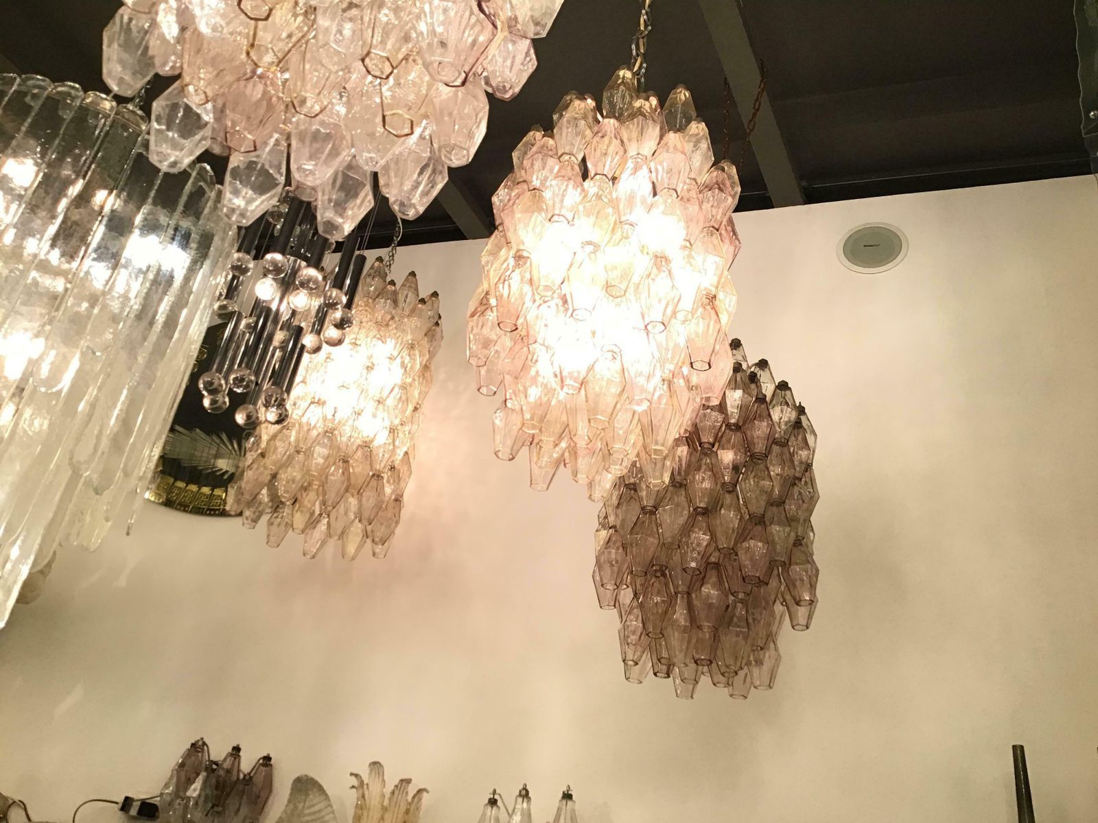 Venini Carlo Scarpa Poliedri Couple Chandelier Murano Glass Brass, 1950, Italy photo for sale