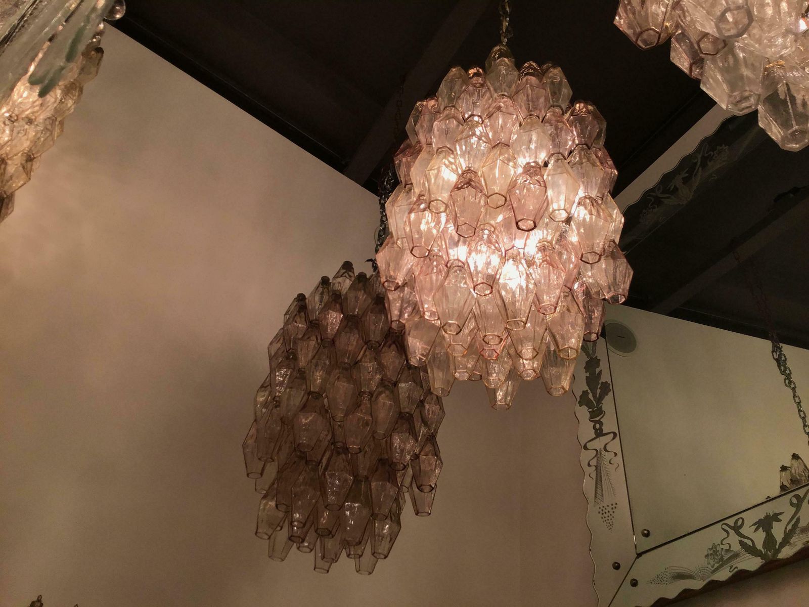 Venini Carlo Scarpa Poliedri Couple Chandelier Murano Glass Brass, 1950, Italy photo vinterior