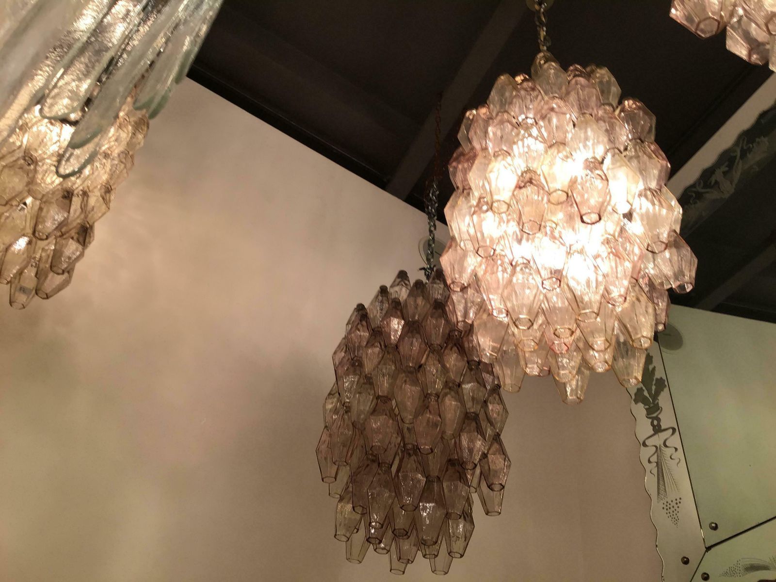 Venini Carlo Scarpa Poliedri Couple Chandelier Murano Glass Brass, 1950, Italy photo buy