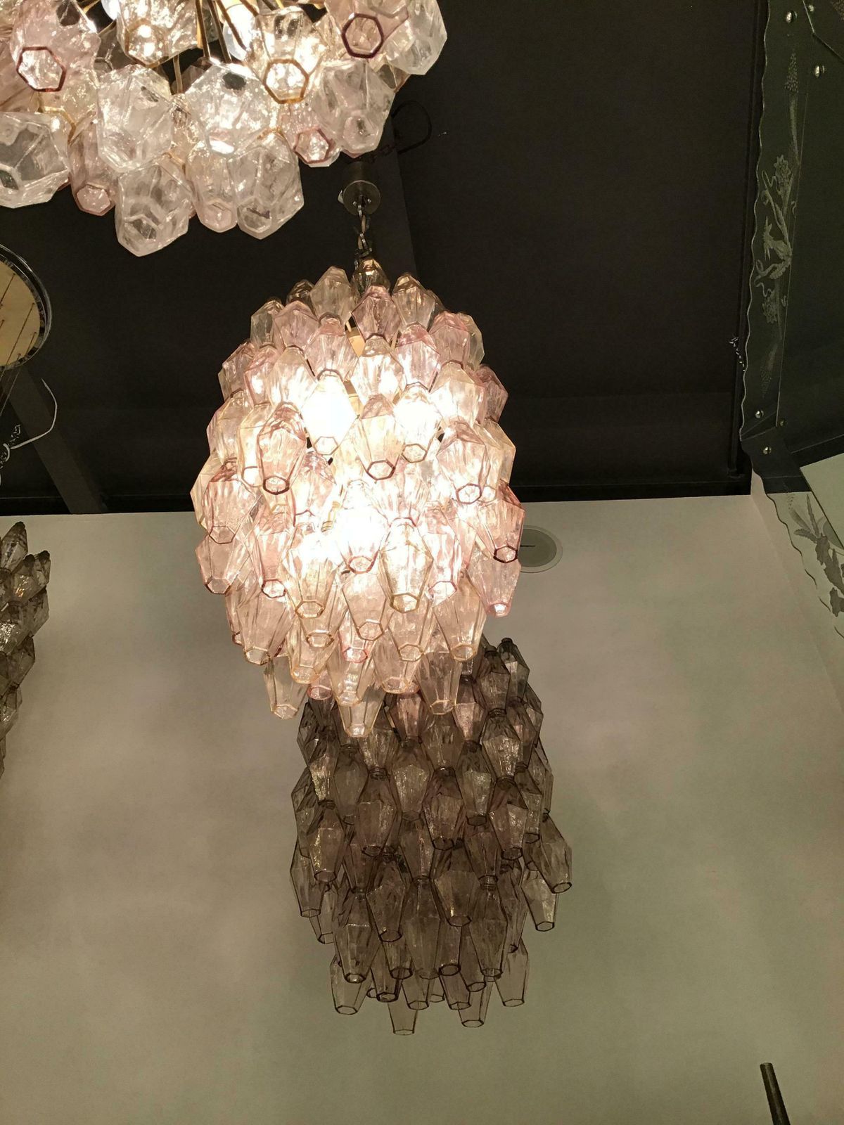 photo for sale Venini Carlo Scarpa Poliedri Couple Chandelier Murano Glass Brass, 1950, Italy