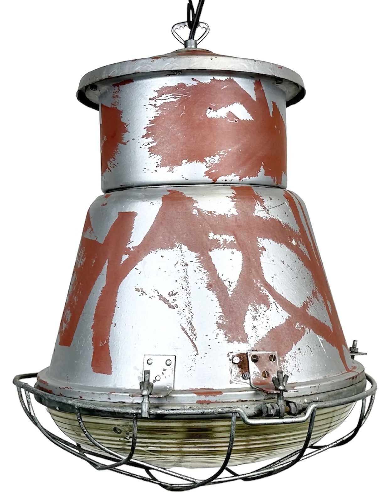 Industrial Cage Factory Pendant Lamp With Glass Cover From Mesko, 1970s, 2x