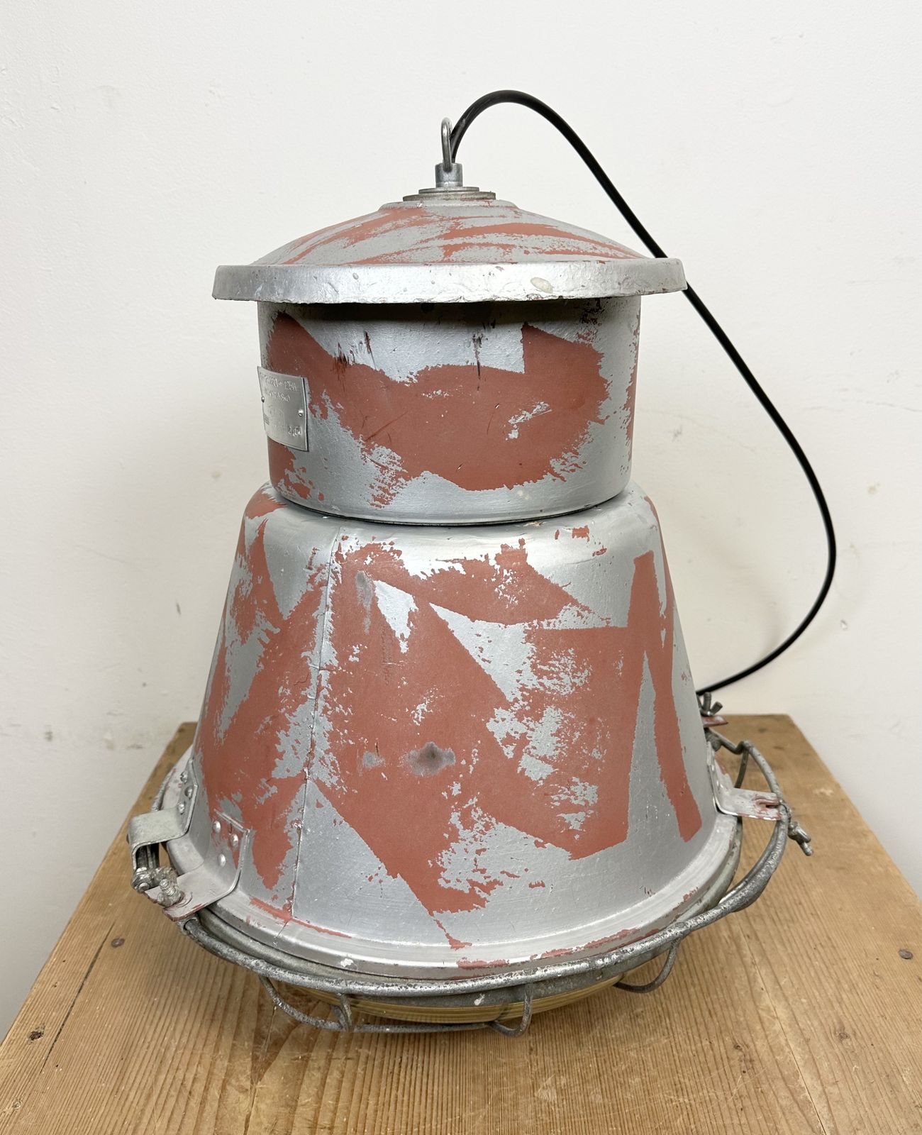 photo for sale Industrial Cage Factory Pendant Lamp With Glass Cover From Mesko, 1970s, 2x