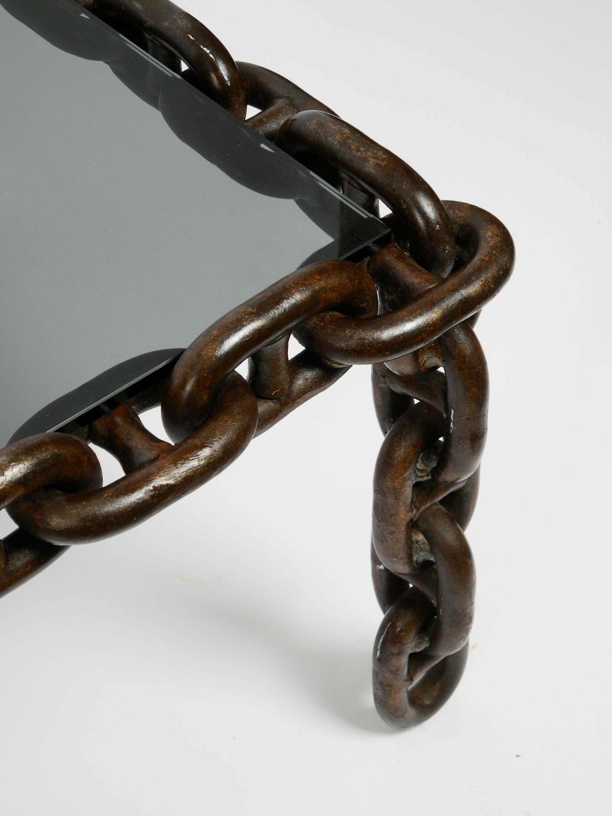 photo for sale 1970s Xl Coffee Table Made Of Nautical Iron Chain And A Thick Smoked Glass Plate