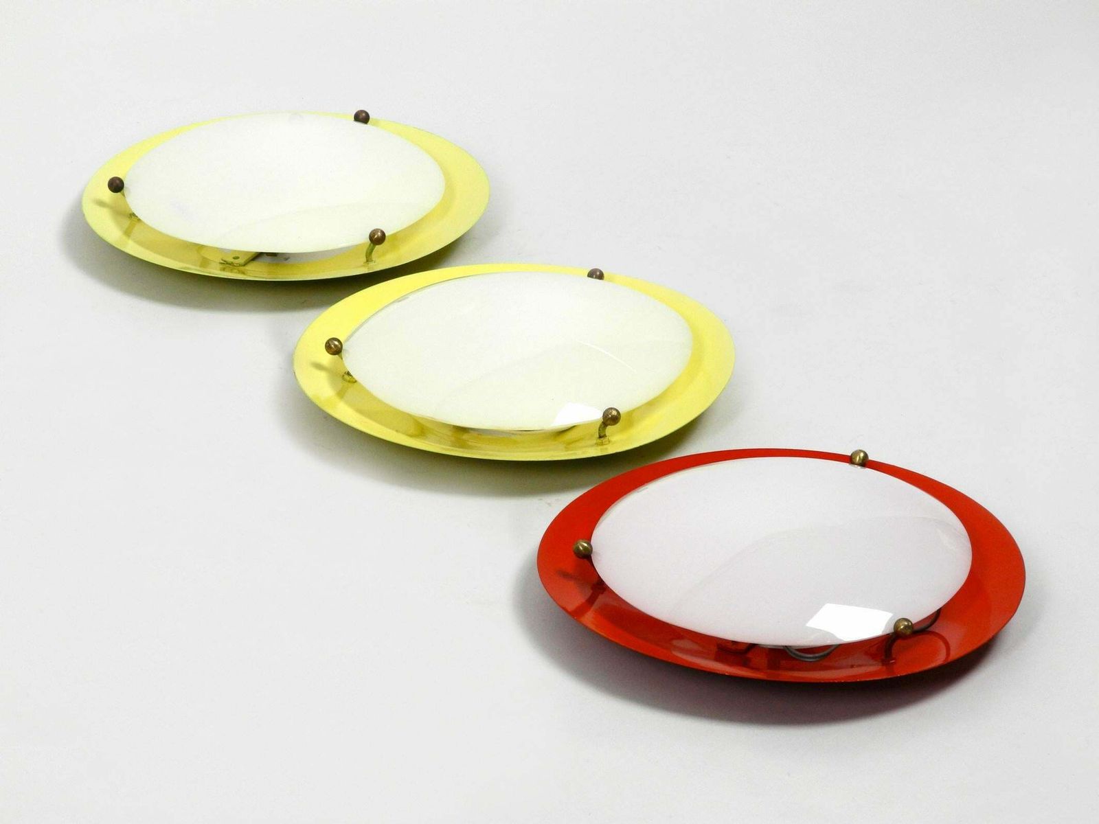 Three Round Midcentury Wall Or Ceiling Lamps Made Of Metal And Plexiglass Shade photo for sale