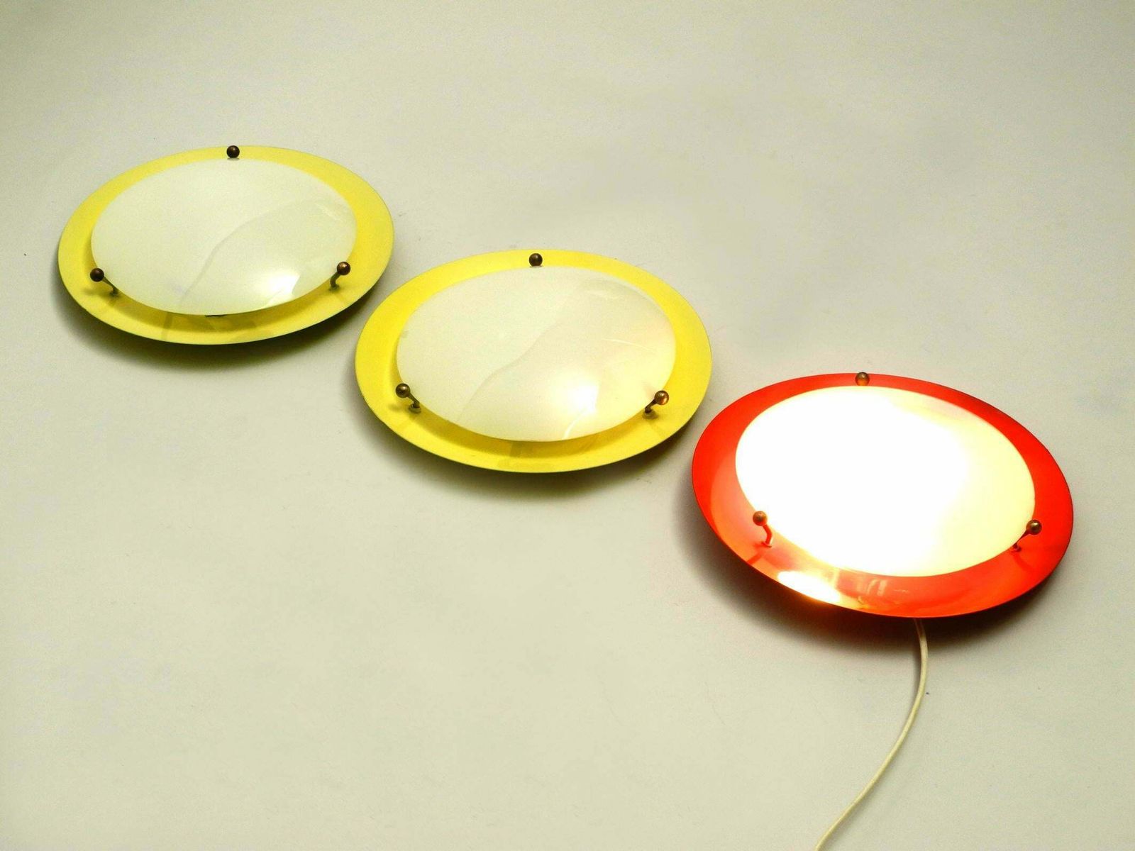 Three Round Midcentury Wall Or Ceiling Lamps Made Of Metal And Plexiglass Shade photo Lighting