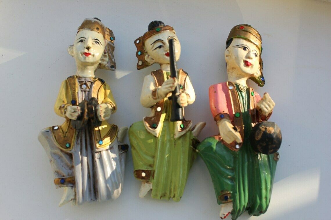 Set Of Three Thai Musicians Sculptures Vintage Carved , Hand Painted Wood Figurines, Love Yoga Gift photo furniture