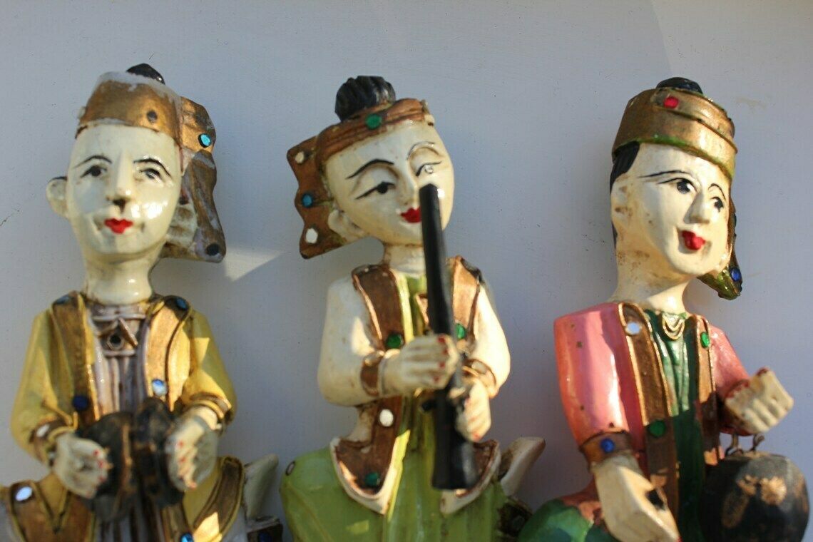 Set Of Three Thai Musicians Sculptures Vintage Carved , Hand Painted Wood Figurines, Love Yoga Gift photo for sale