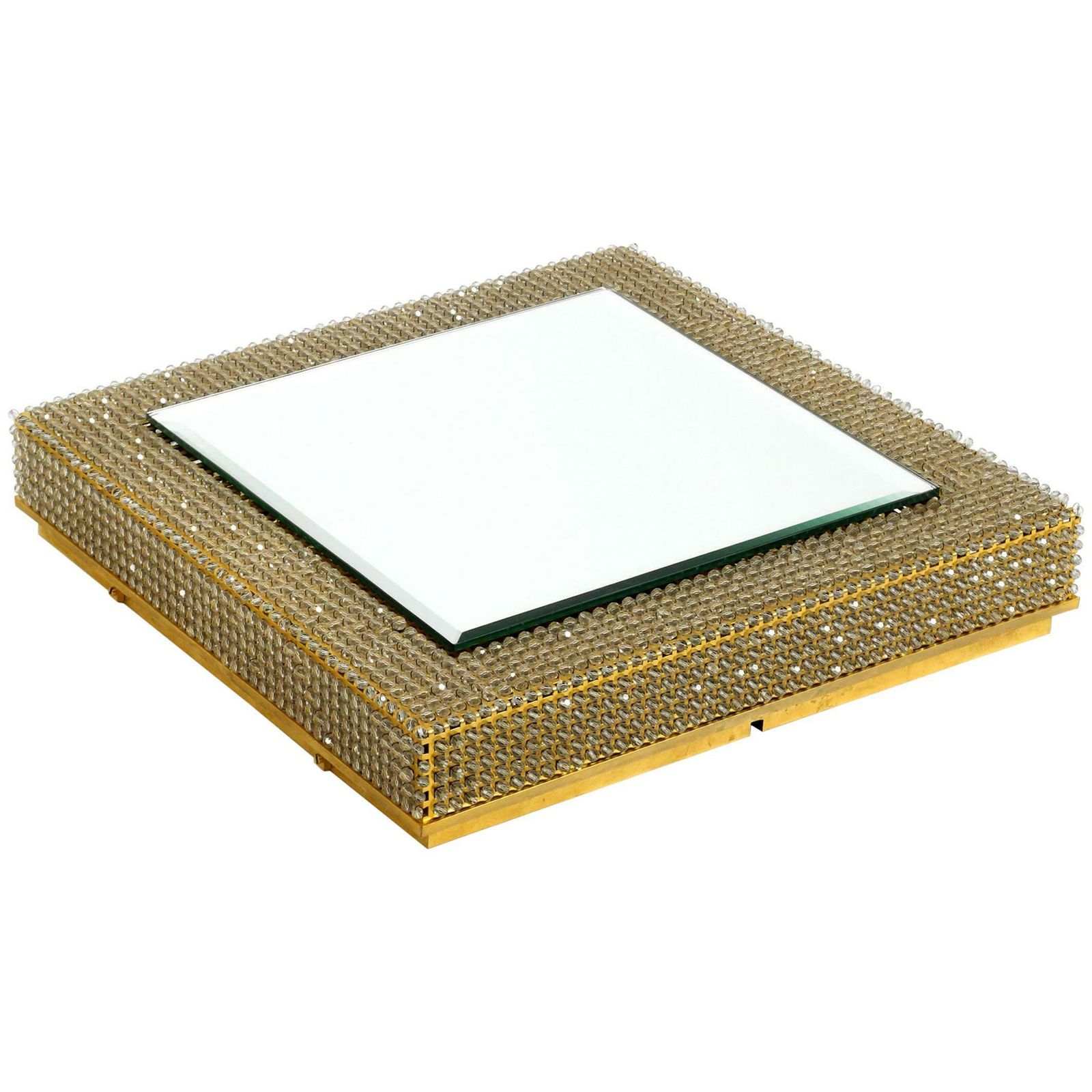 Rare Square 1960s Brass Wall Backlit Mirror Frame With Glass Beads By Palwa