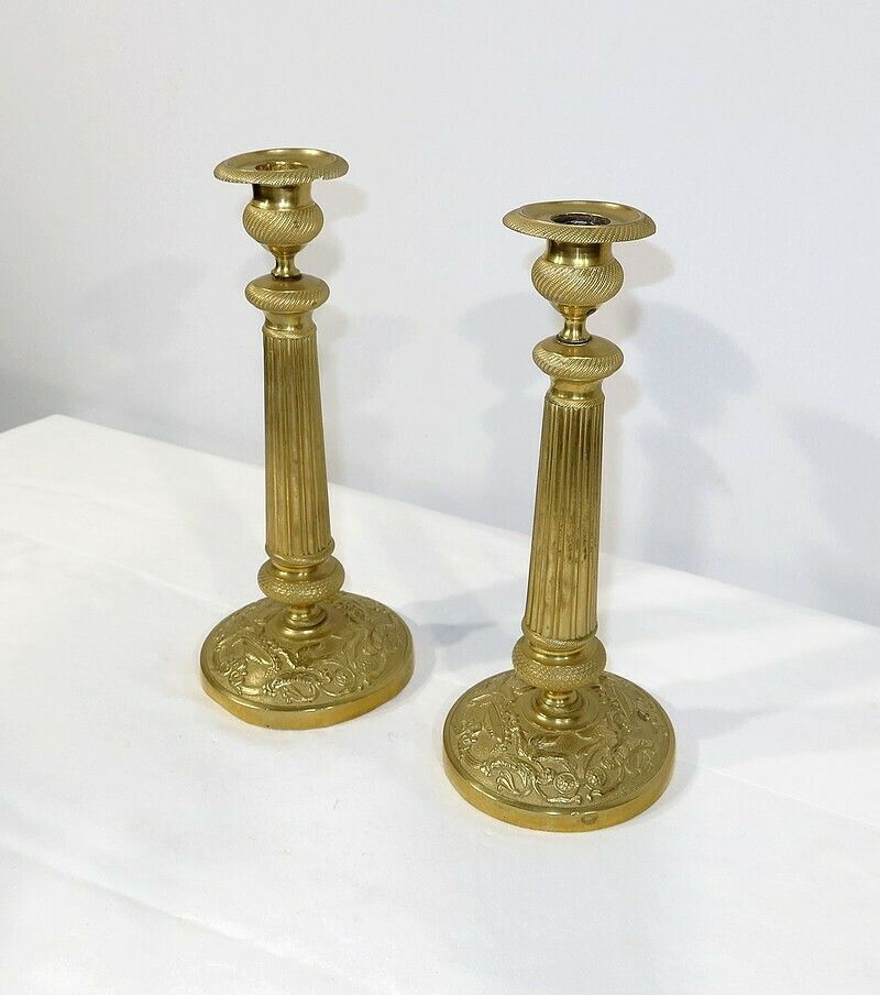 Pair Of Brass Candlesticks, Empire Style, Early 20th Century photo for sale
