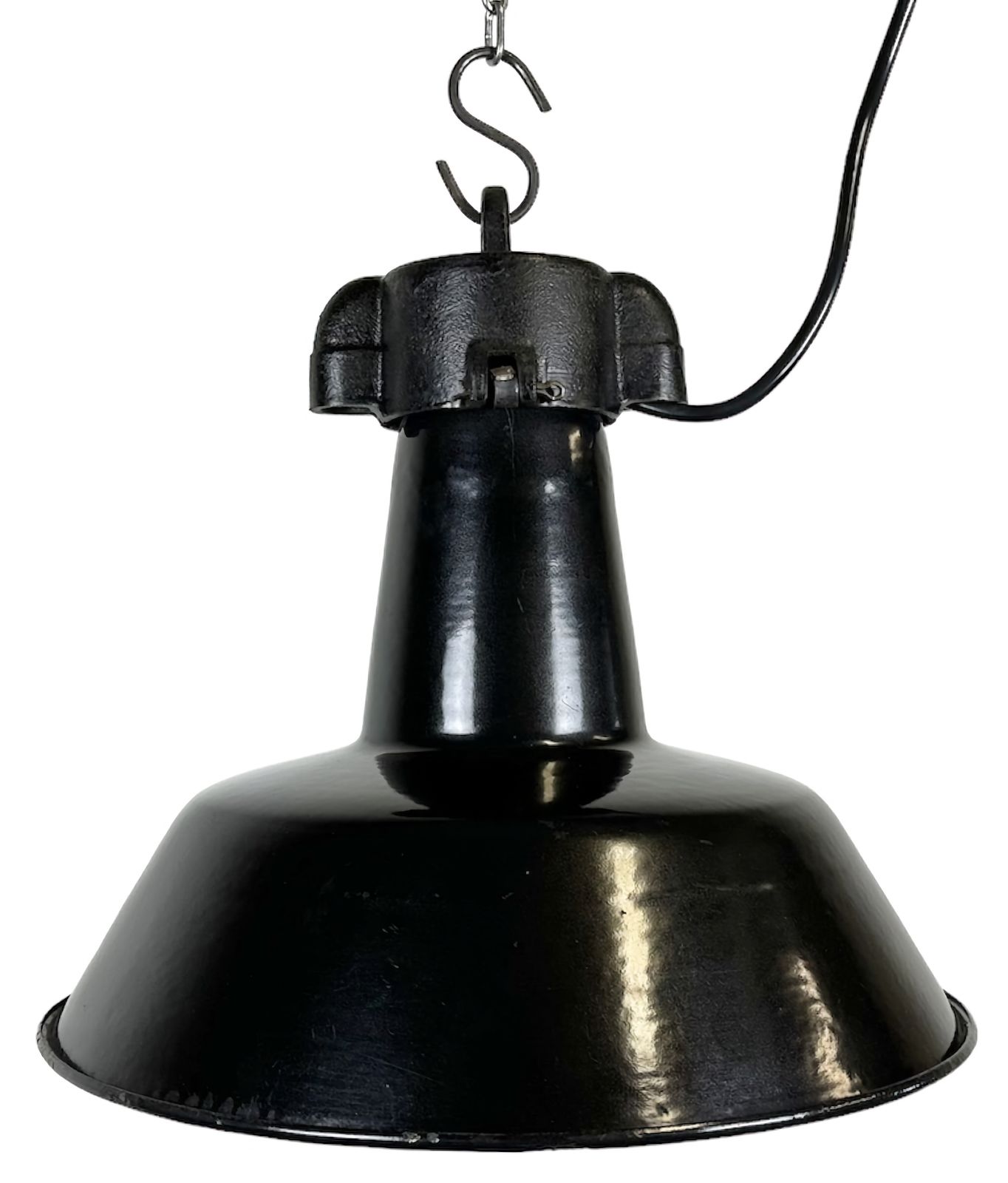 Industrial Black Enamel Factory Lamp With Cast Iron Top, 1960s