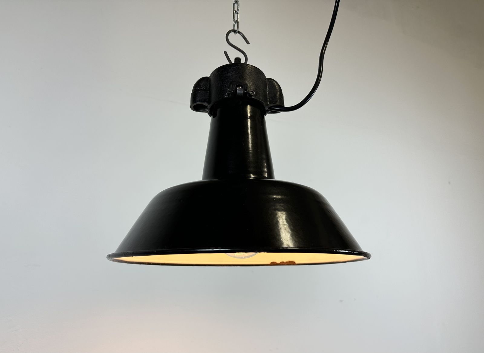 Industrial Black Enamel Factory Lamp With Cast Iron Top, 1960s photo Lighting