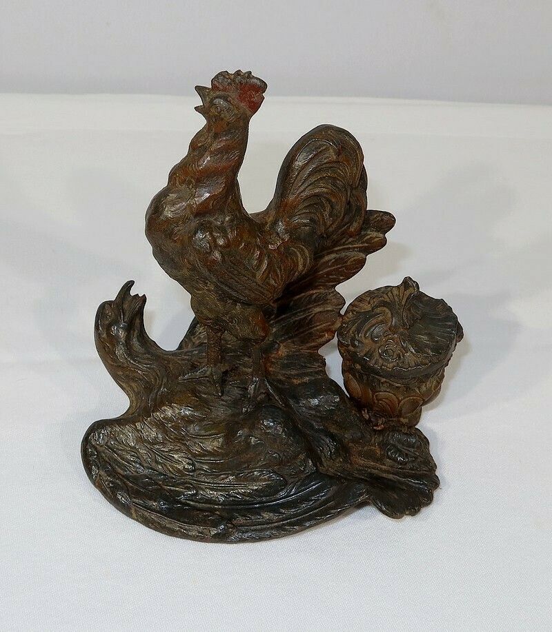 Inkwell In Patinated Spelter “Le Coq Patriotique” – Late 19th Century photo 968.2
