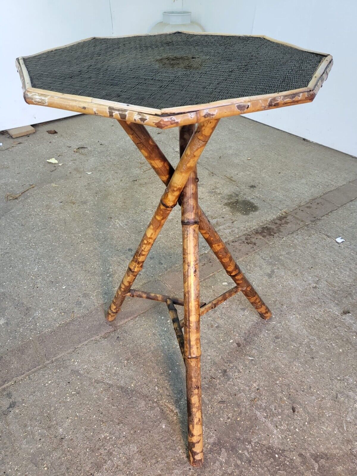 Antique Victorian Tiger Octagonal Wicker Bamboo Tripod Side End Lamp Table photo Furniture