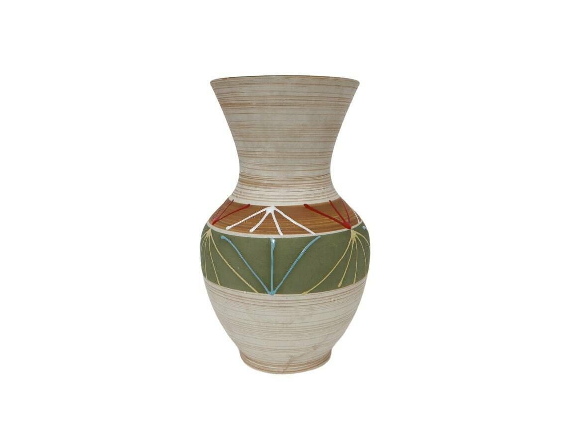 West German Ceramic Vase With Olive Green Interior And Multi Coloured Design, 1960’s photo for sale