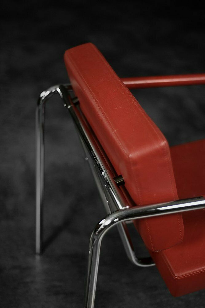 Furniture Scandinavian Bauhaus Model Ej 8 Armchairs In Chrome And Red Leather By Torben Skov For Erik Jørgensen Møbelfabrik, 1990, Set Of 2 photo
