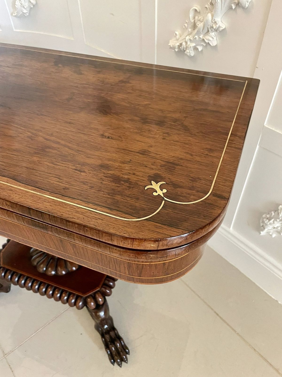 Furniture Fine Quality Antique Carved Rosewood Brass Inlaid Card Table photo