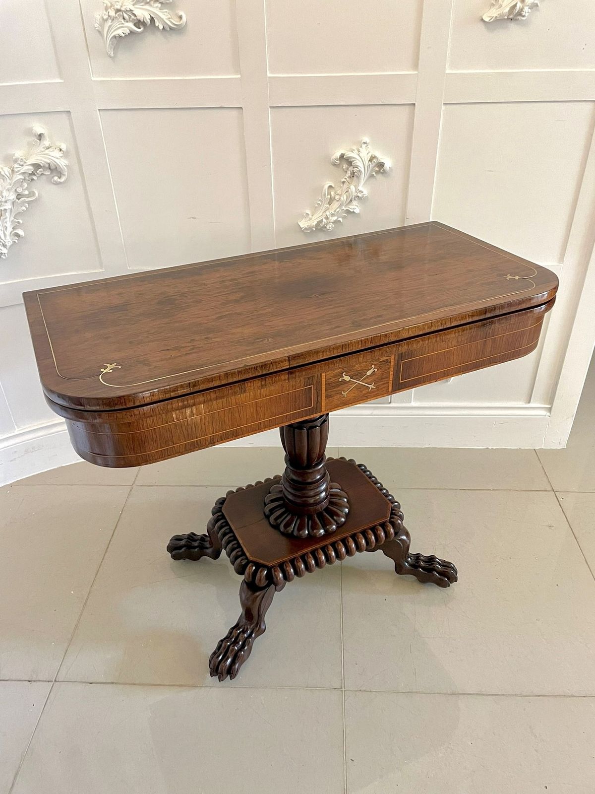 Fine Quality Antique Carved Rosewood Brass Inlaid Card Table