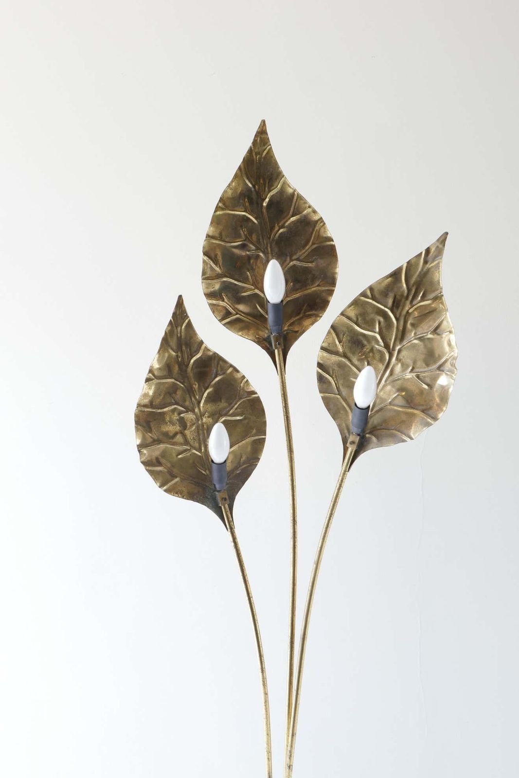 Brass 3 Lights, Leaf Shaped Floor Lamp, Tommaso Barbi Style, Italy, 1970s photo for sale