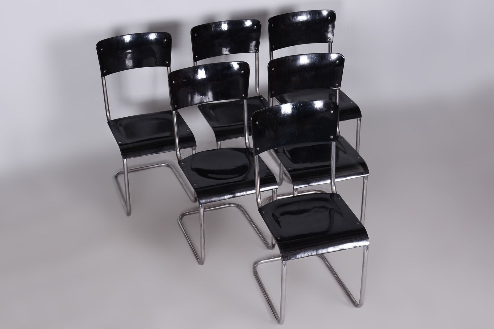 Set Of 6 Black Bauhaus Chairs, Restored, High Gloss, Vichr A Spol, Czechia, 1930s photo 2800.0