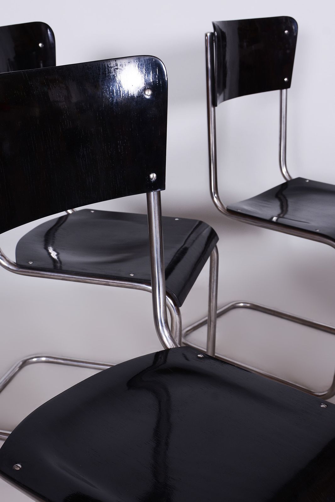 Set Of 6 Black Bauhaus Chairs, Restored, High Gloss, Vichr A Spol, Czechia, 1930s photo vintage