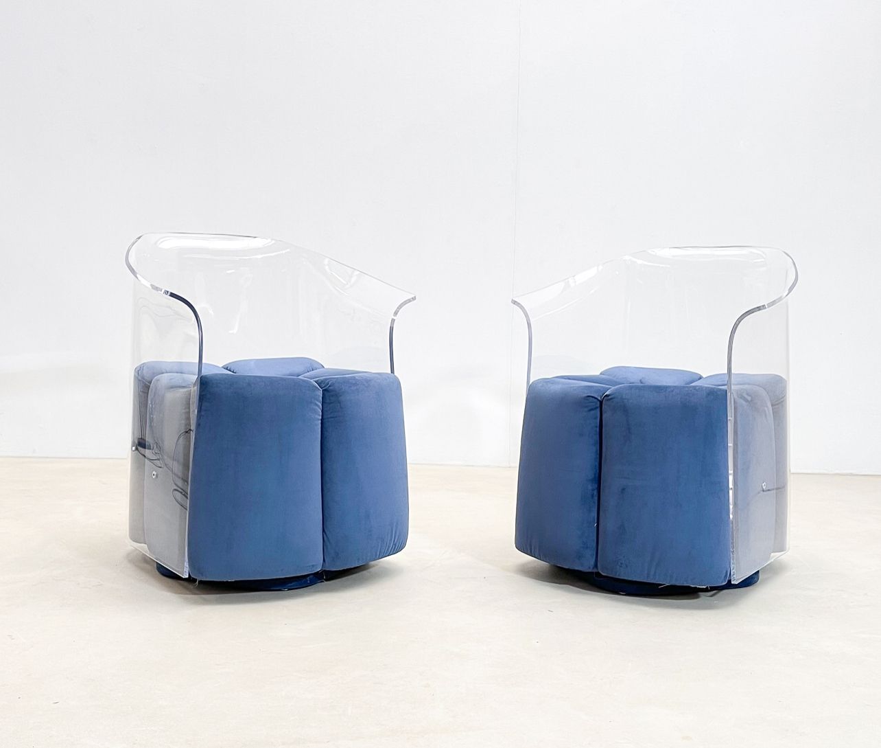Pair Of Mid Century Modern Lucite Armchairs In Blue Velvet photo furniture