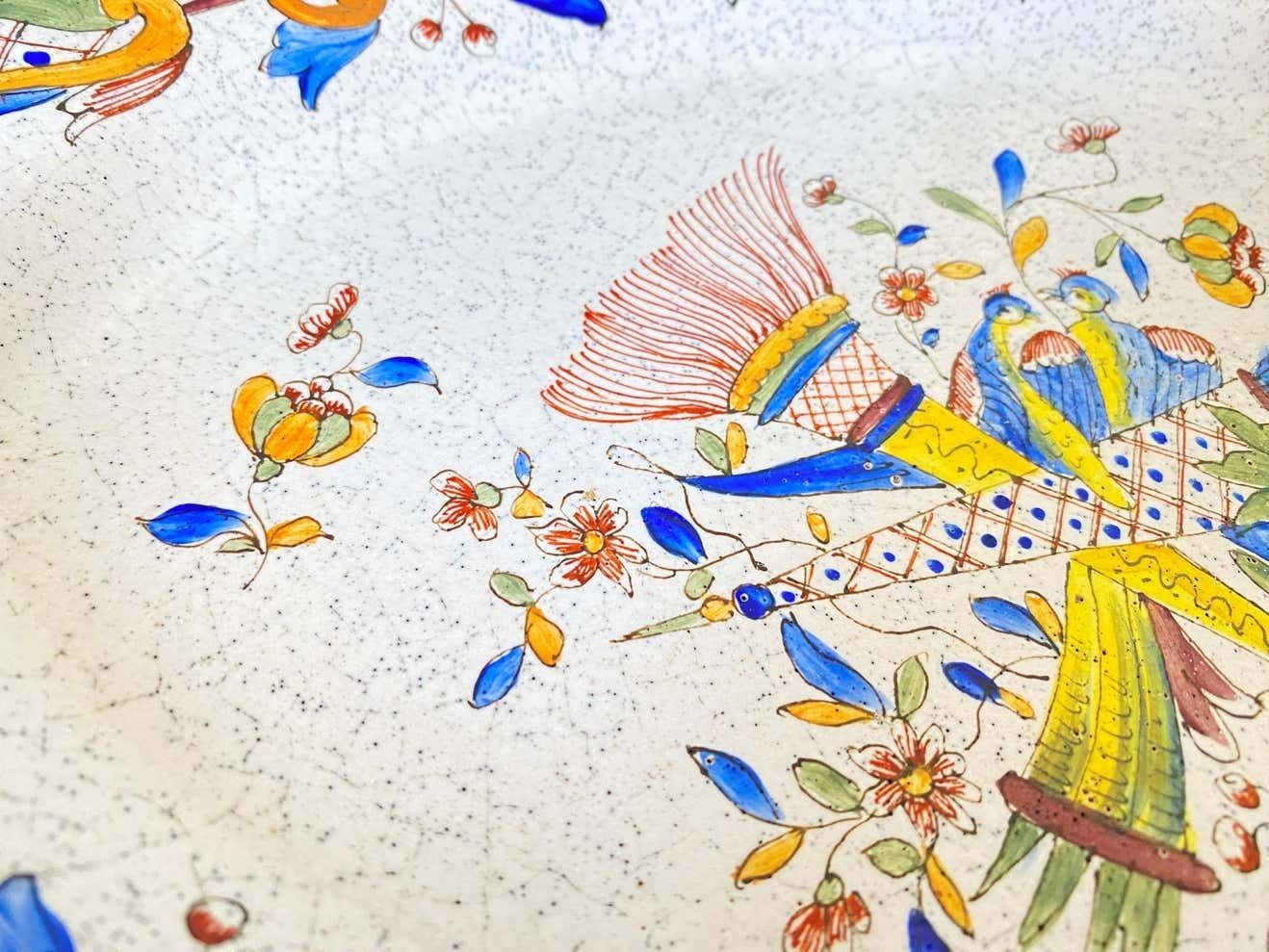 Faience Dish, By Malicorne, With Birds And Flowers Decor, France 19th, Signed photo for sale