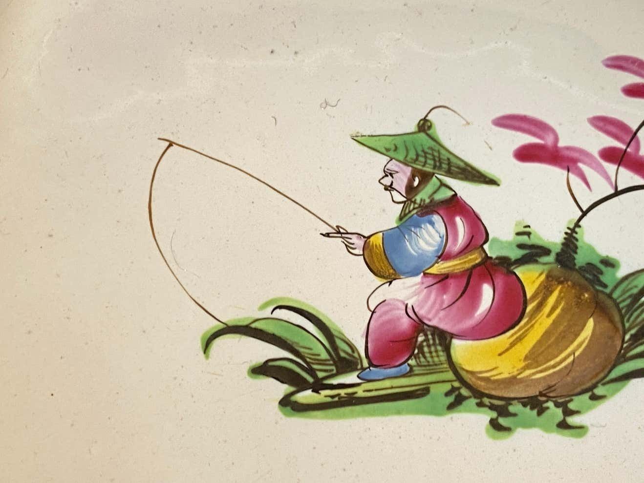 Plate In French Faïence, Red And Green Color, 19th Century Chinese Fisher photo buy