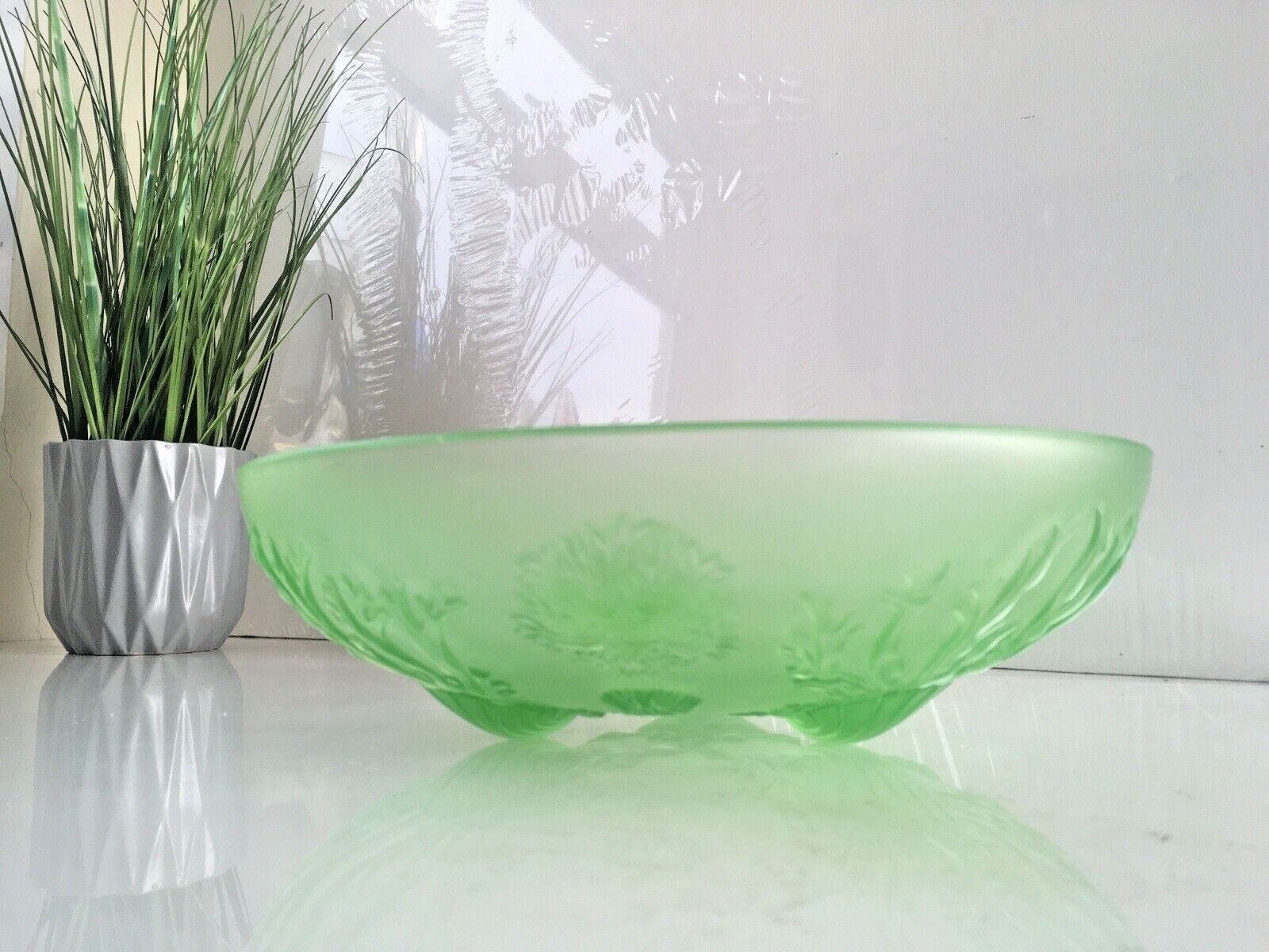 photo for sale Art Deco Uranium Glass Dessert Bowl Set Seaweed Seashell Verlys Walther & Sohne
