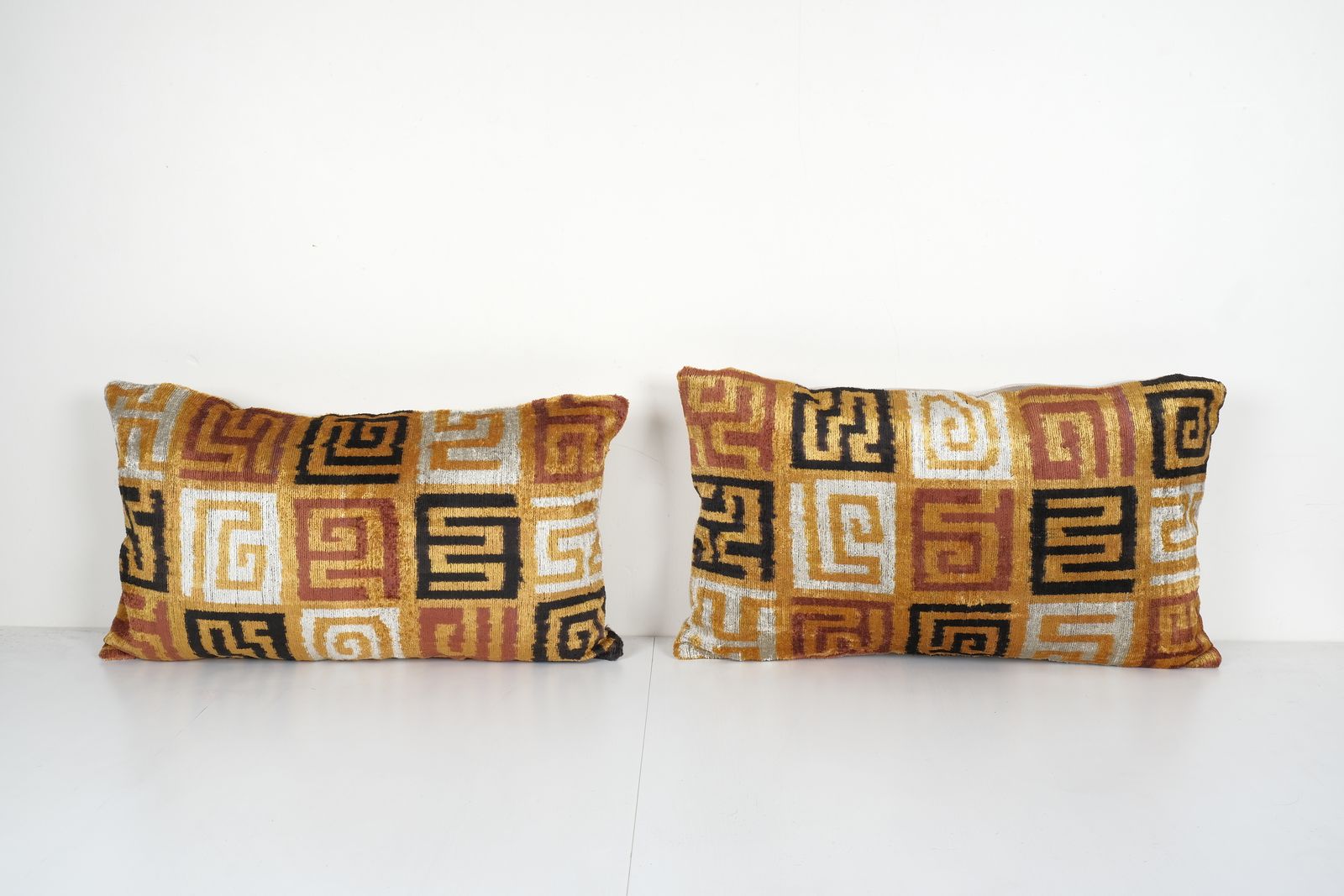 Set Of Two Silk Ikat Velvet Pillow, Matching Red Uzbek Ikat Cushion Cover, Designer Pillow 15'' X 25''
