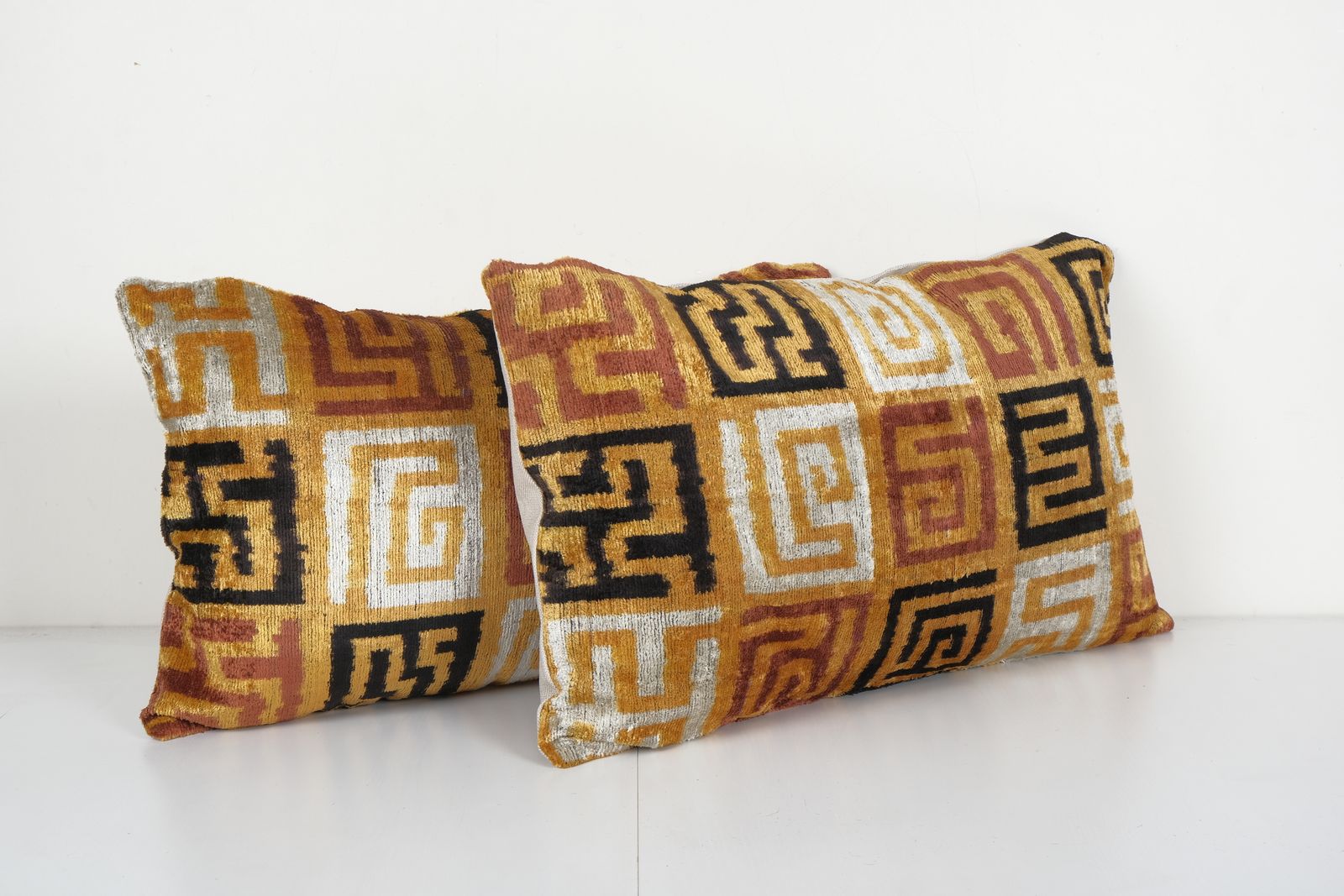 Set Of Two Silk Ikat Velvet Pillow, Matching Red Uzbek Ikat Cushion Cover, Designer Pillow 15'' X 25'' photo for sale