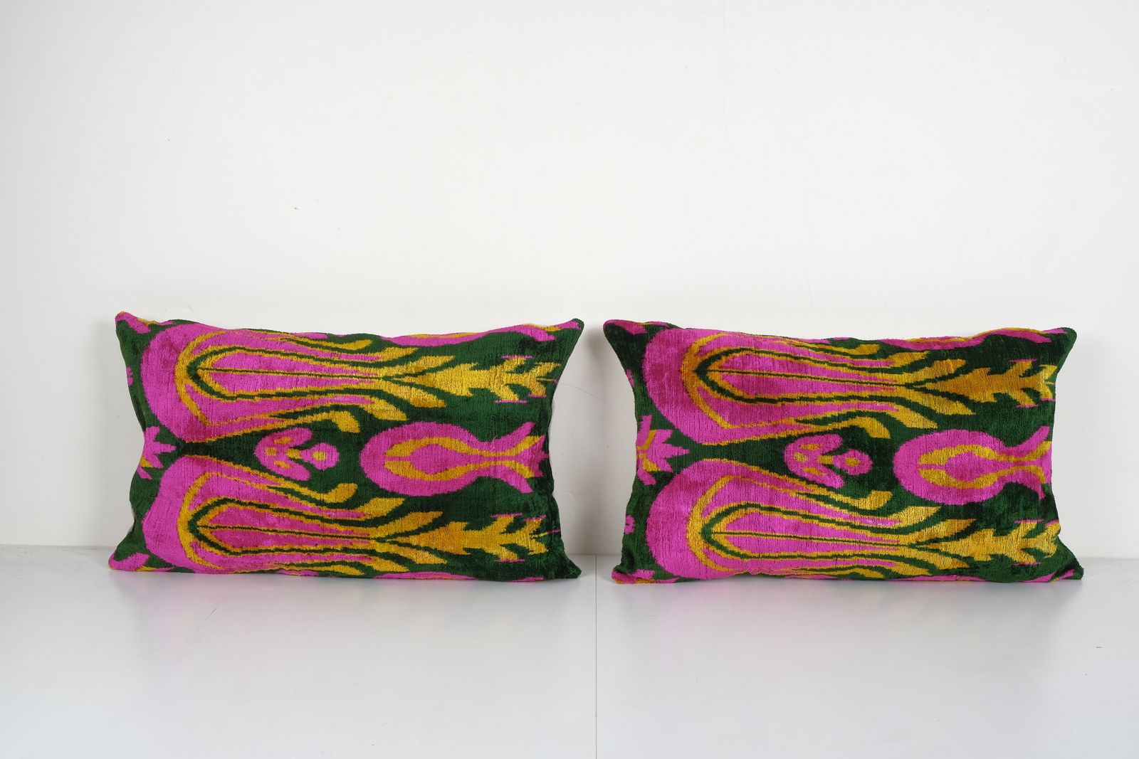 Set Of Two Pink Silk Ikat Pillow With Tulip Pattern, Handloom Ikat Floral Cushion Cover 16'' X 24''