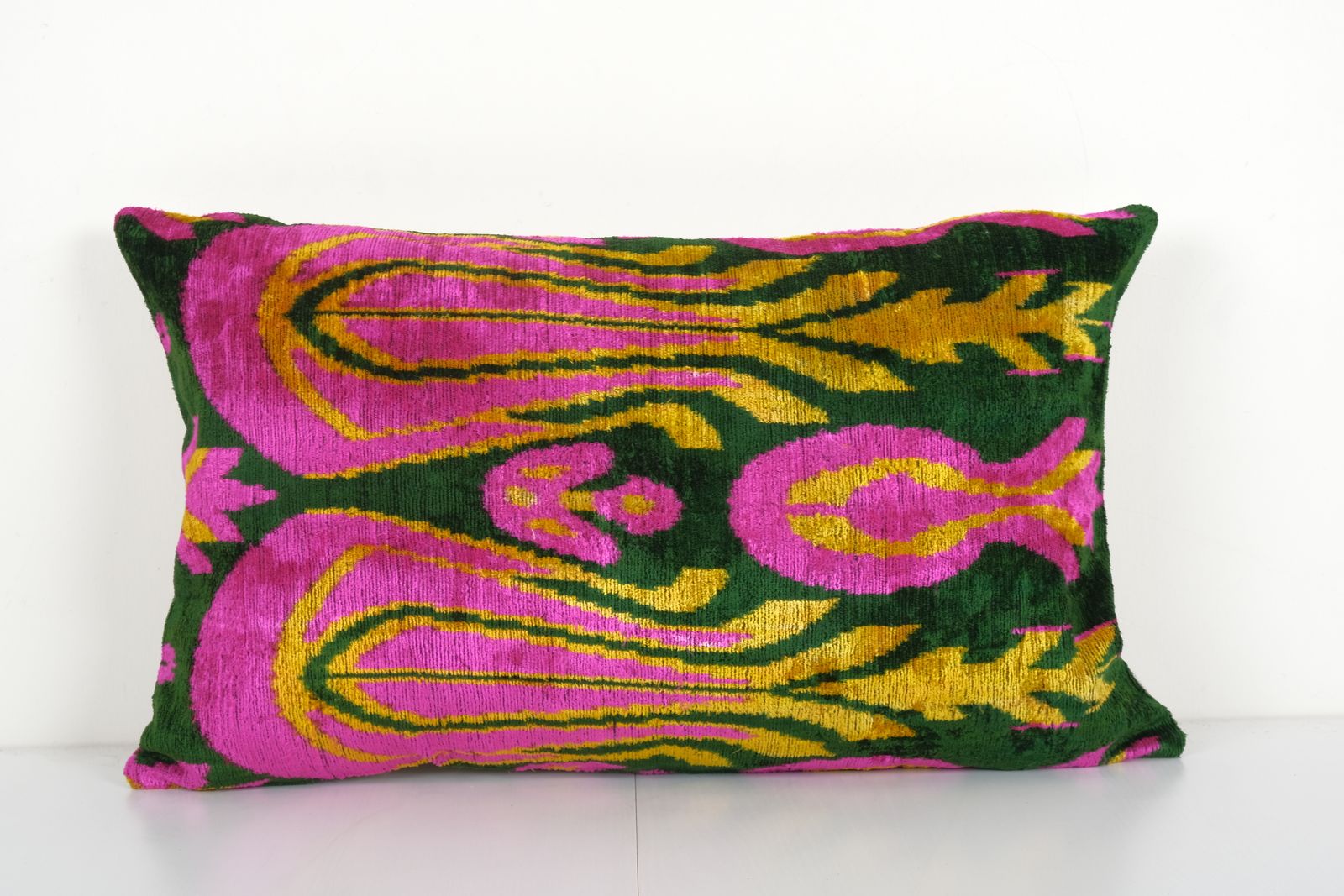 Ikat Hot Pink And Dark Green Pillow Cover With Tulip Pattern   Silk Ethnic Velvet Lumbar Pillow Cover   Designer Pillow 16'' X 24''