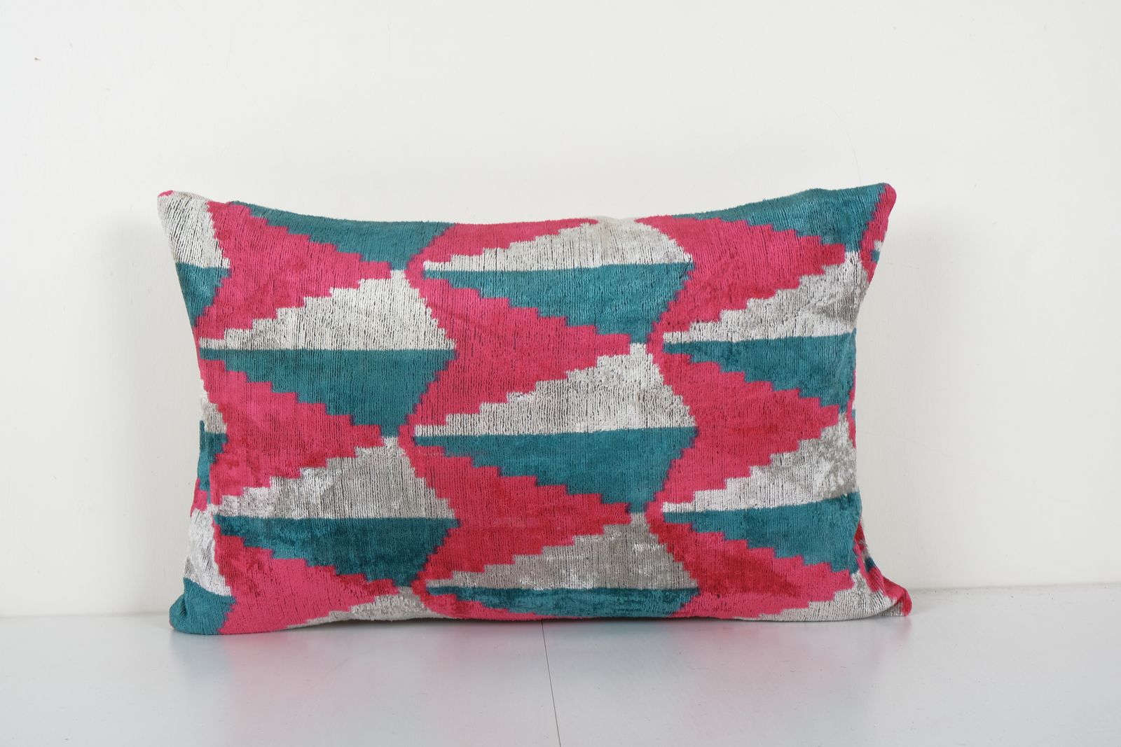 Silk Ikat Velvet Lumbar Pillow Cover   Ethnic Decorative Pink Oblong Cushion 16'' X 24''